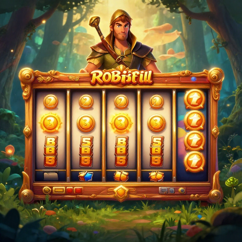 vibrant digital slot machine interface themed around robin hood with five spinning reels golden multipliers and free game icons glowing in a mystical forest backdrop under warm twilight lighting