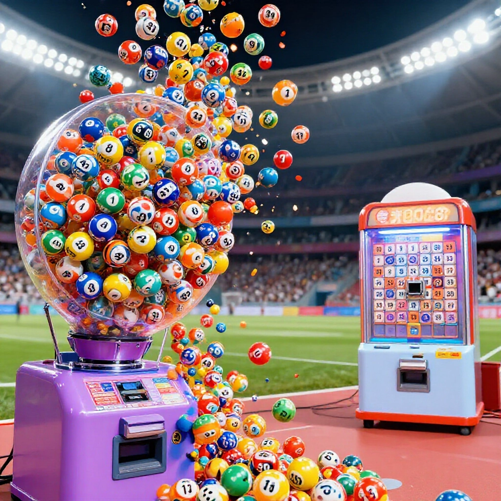Vibrant lottery drawing scene with colorful balls numbered 1 to 49 spilling out from one machine and 1 to 38 with extra 1 to 8 from another under stadium lights showing Taiwan excitement