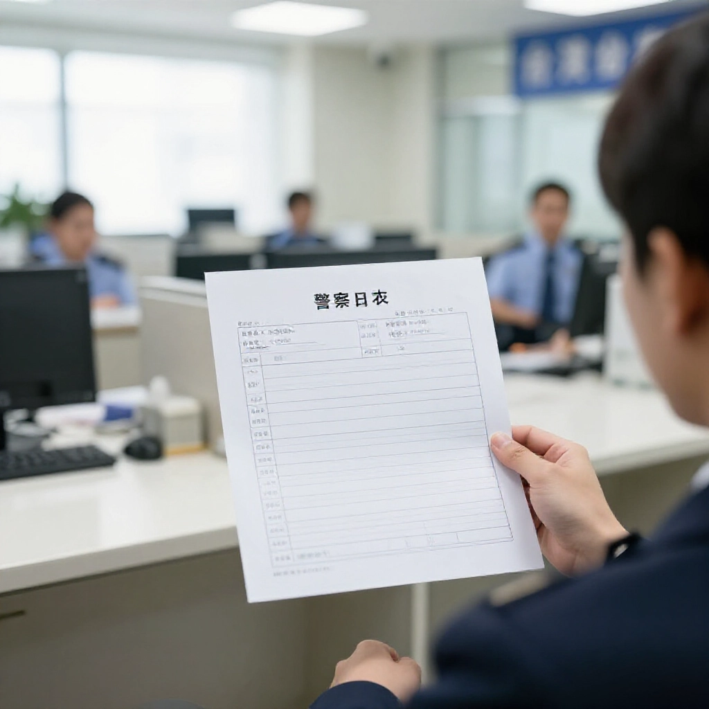 一位拿到空白警察刑事紀錄證明書的人在明亮台灣警局辦公室鬆一口氣，周圍有柔和自然光線跟現代櫃台，專業又親切氛圍