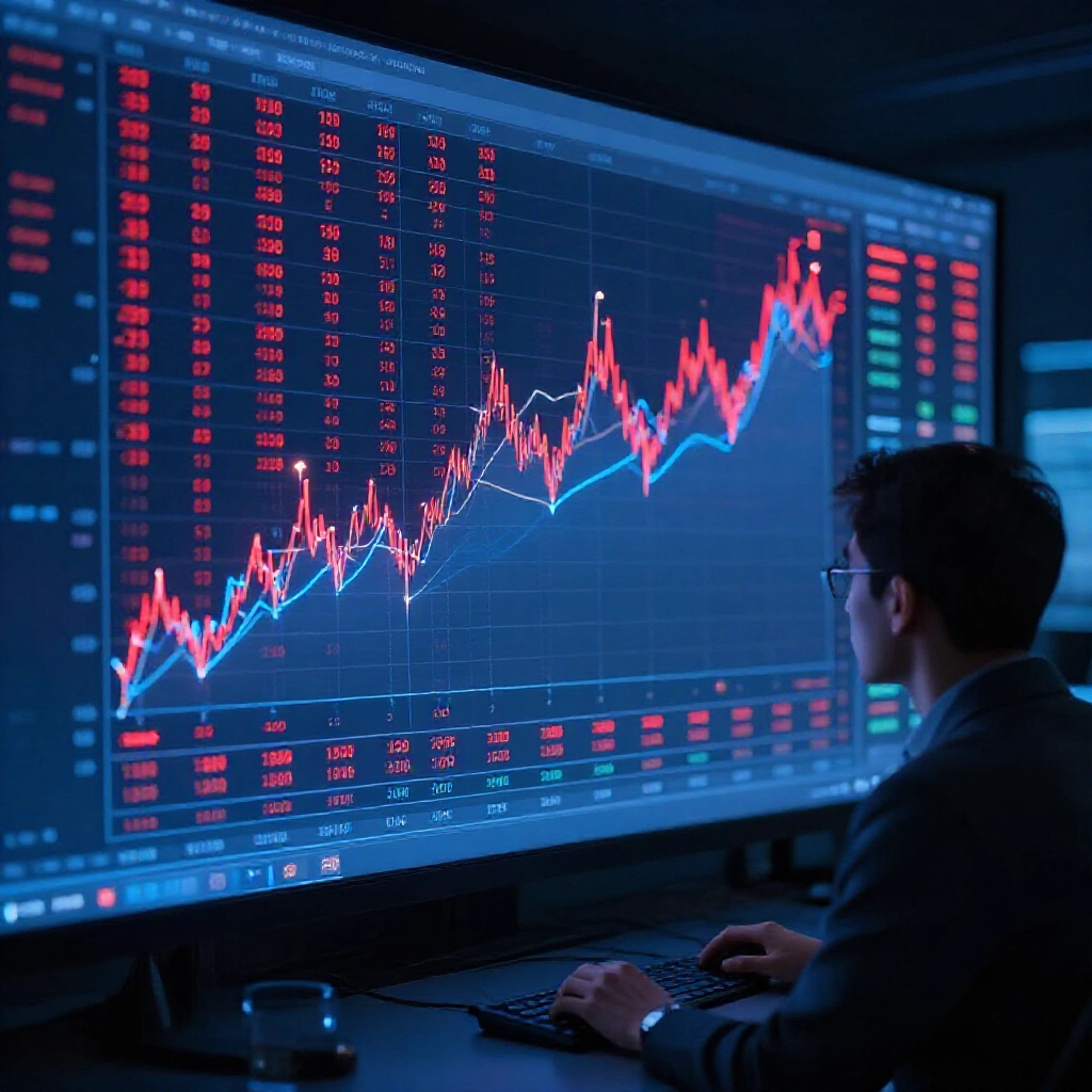 analyst studying large trend chart screen hot red numbers pulsing cold blue dormant tail drags highlighted arrows connecting patterns data room dim blue hues strategic planning vibe