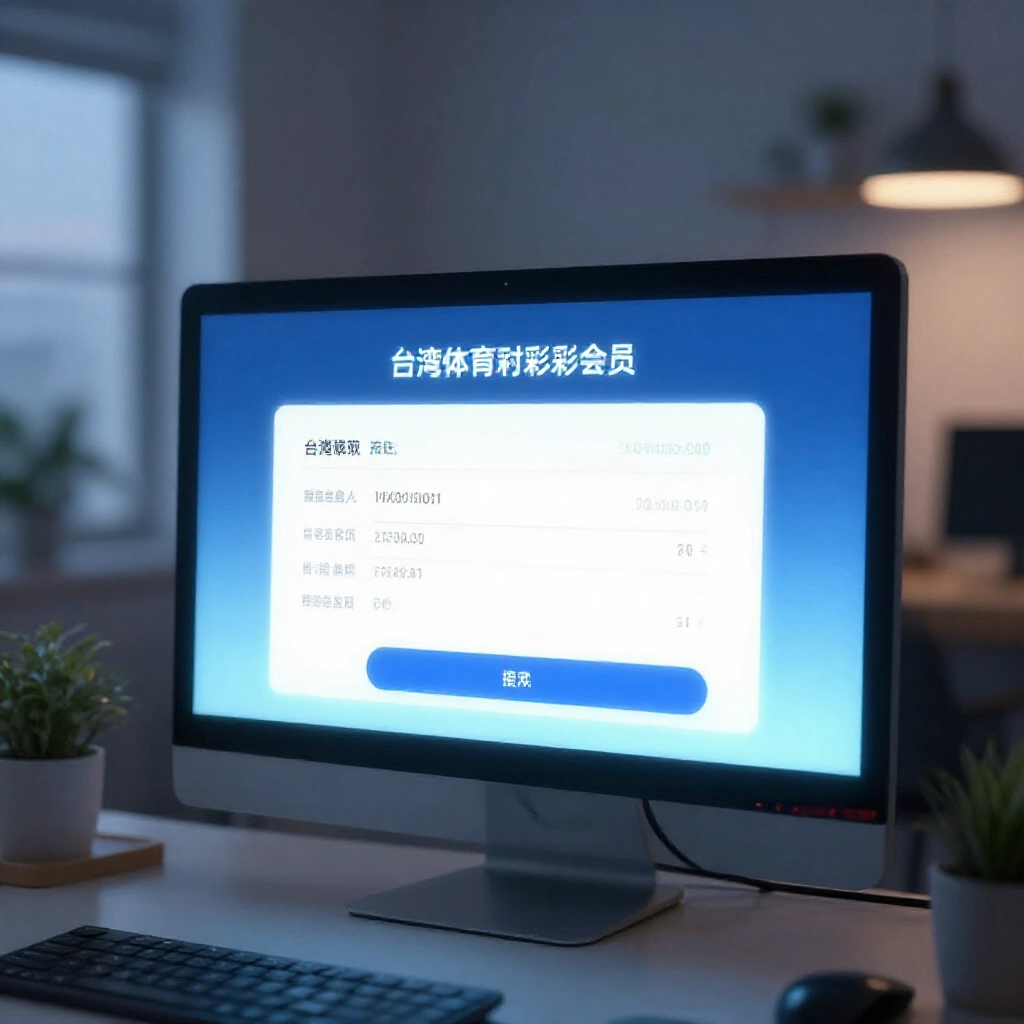 Digital screen displaying Taiwan sports lottery membership login with virtual bank account details glowing in soft blue tones inside a modern home office at dusk