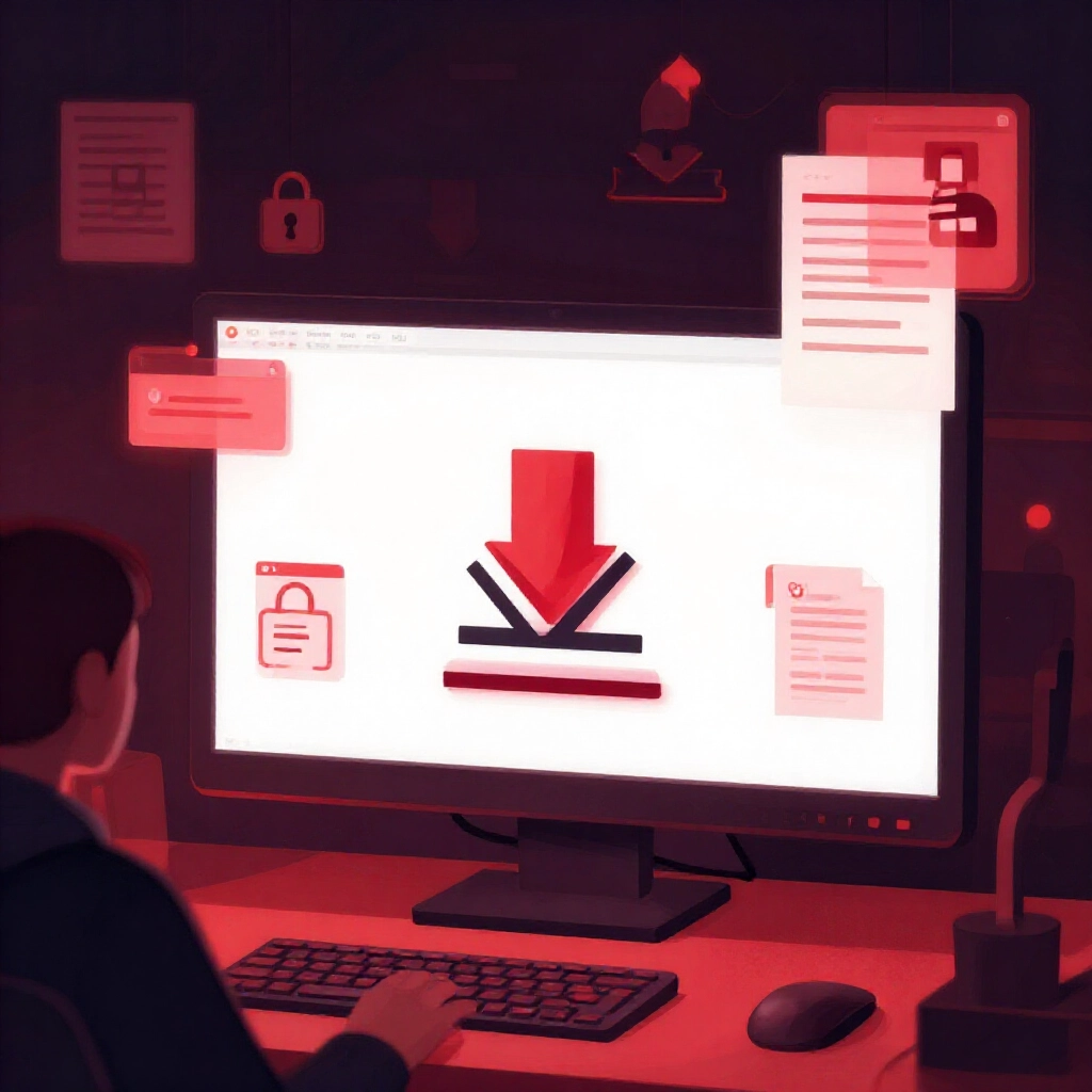 warning themed digital illustration showing a computer screen with suspicious download icons malware alerts locked account symbols and legal documents in red tones evoking cyber security risks in a dark hacker den setting