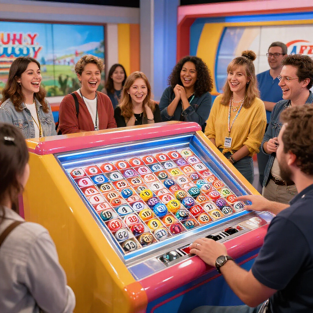 Vibrant lottery machine spinning colorful balls numbered 1 to 39 in a sunny California studio with excited players gathered around watching the Fantasy 5 draw