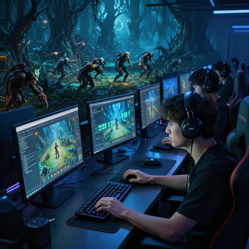 professional gamer farming monsters in dark fantasy game world like Path of Exile on computer with 8591 transaction site open nearby in a high tech setup under cool blue lighting emphasizing repetitive grind