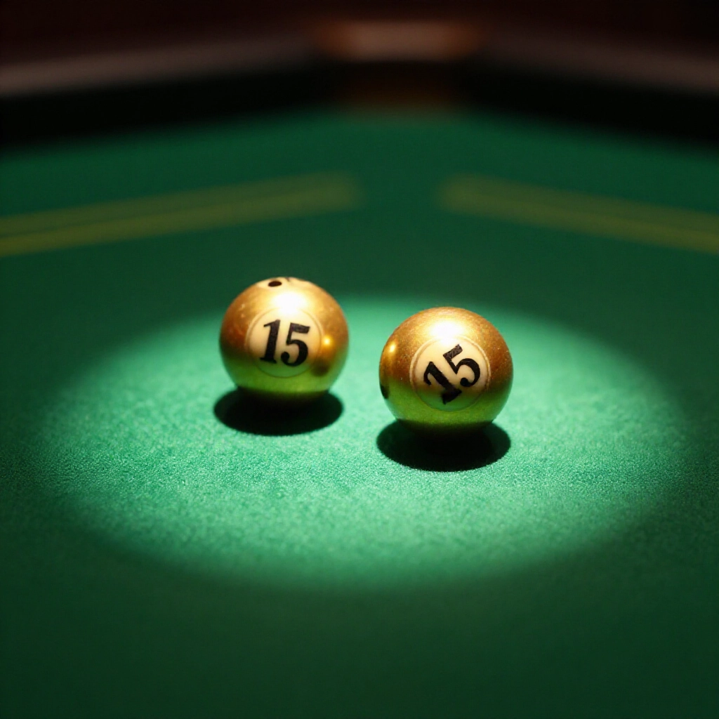two golden lottery balls numbered 15 25 rolling together on green table casino excitement soft spotlight dramatic shadows