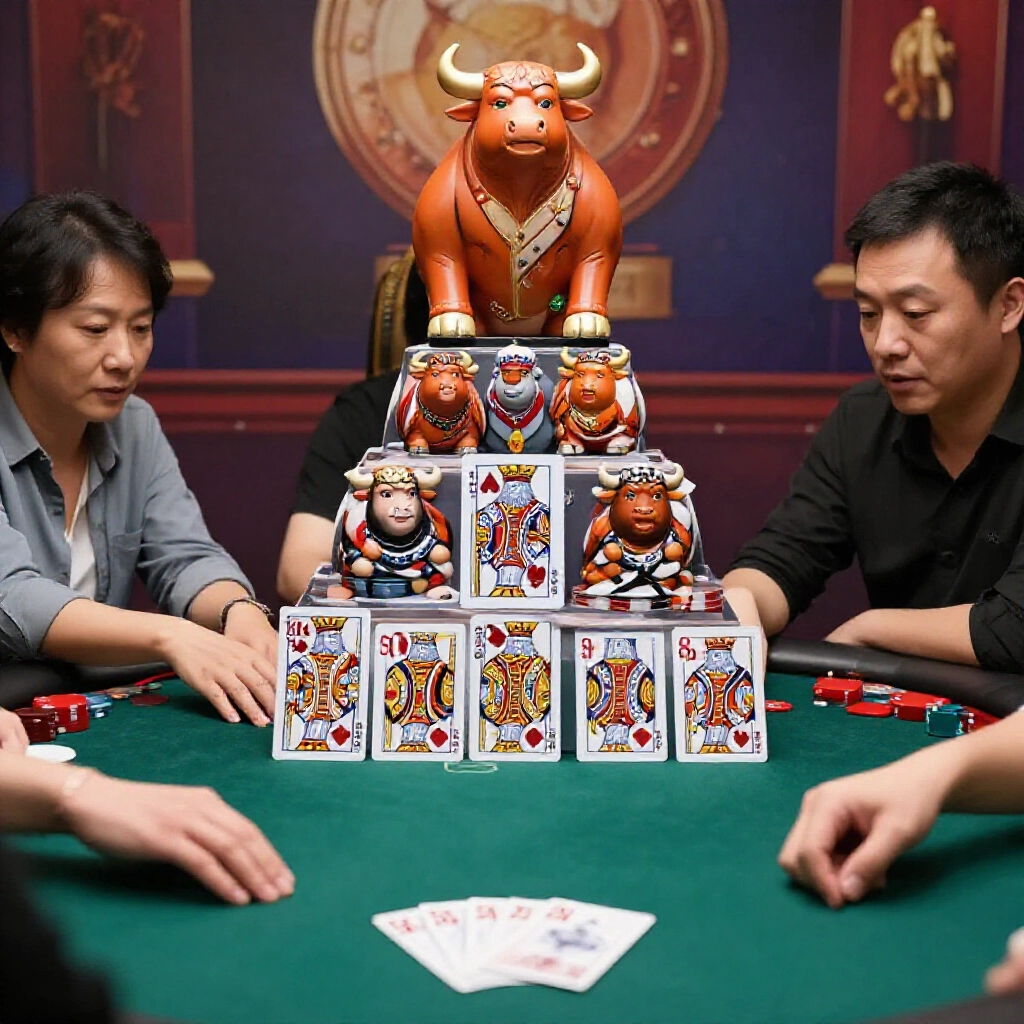 Poker ranking pyramid with five xiao niu crowning top over bombs five kings and niuniu dim lit card room players leaning in comparing rare hands excitedly