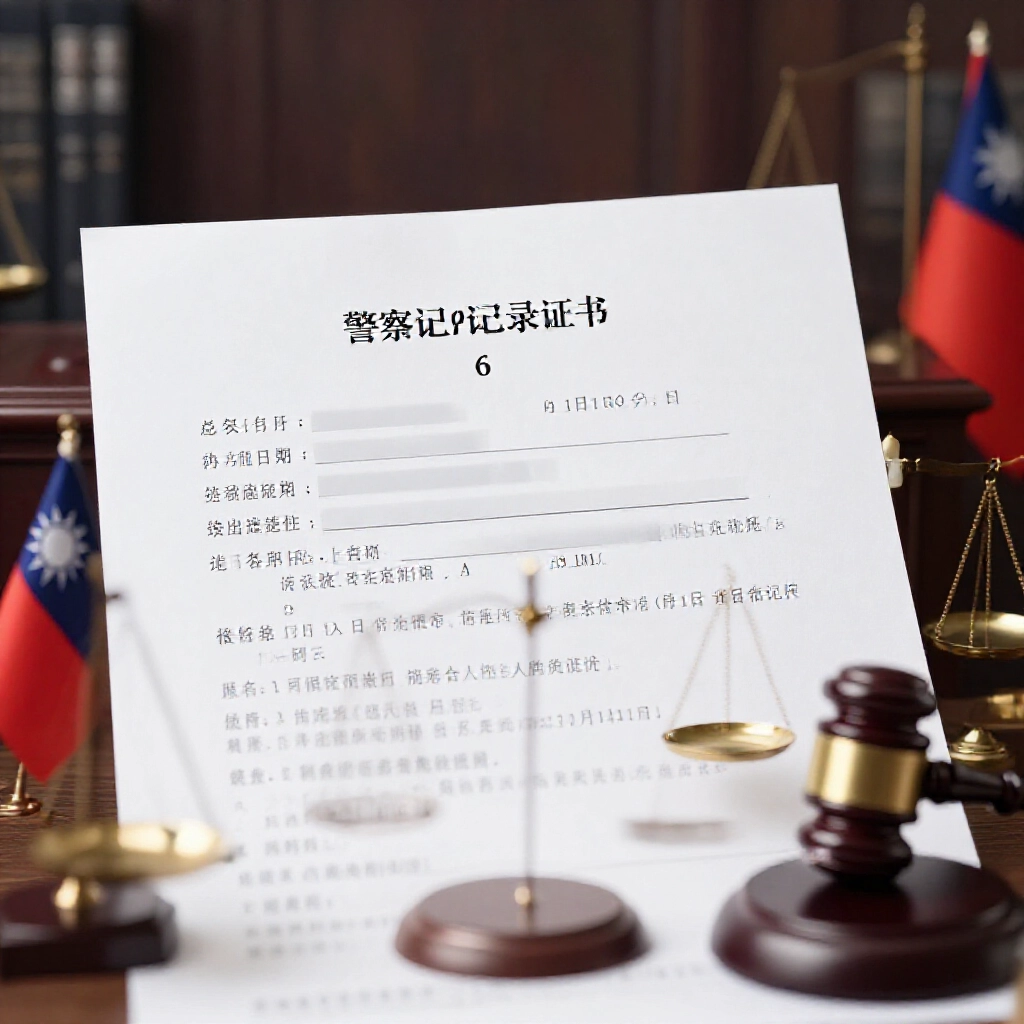 法律文件特寫，強調警察刑事紀錄證明核發條例第6條，周圍有正義天平、木槌跟台灣國旗，昏暗律師事務所氛圍嚴肅權威