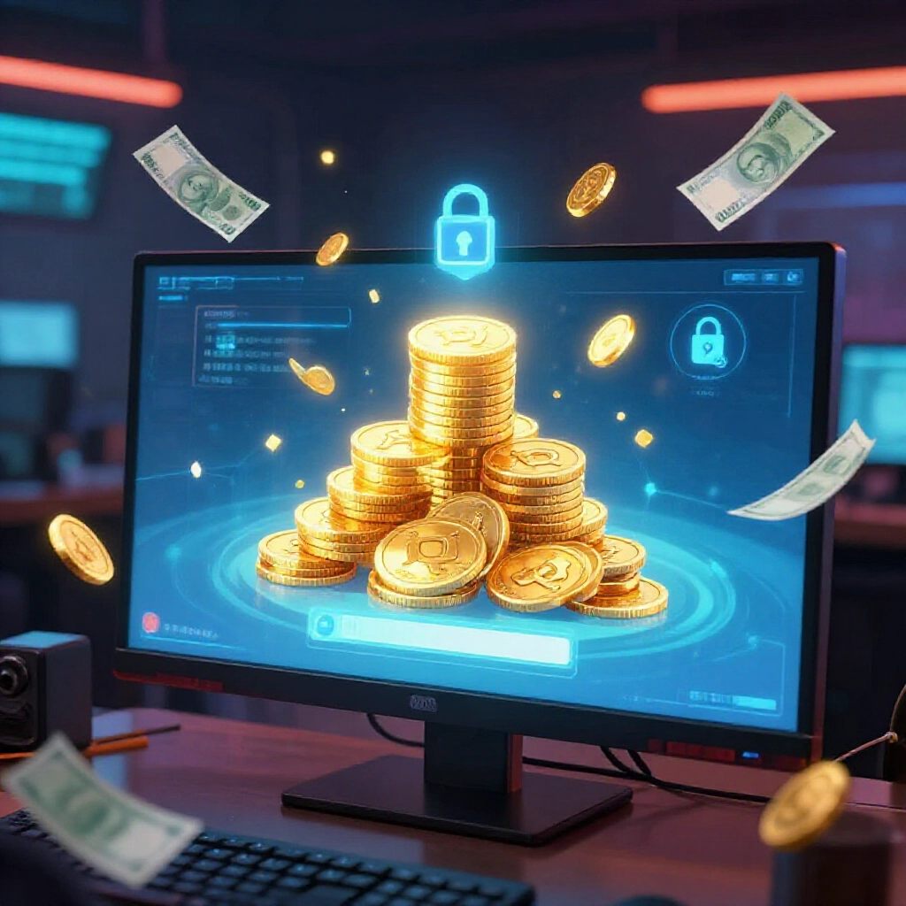 digital gaming screen displaying stacks of golden virtual coins being gifted to a merchant account surrounded by floating Taiwanese dollar bills and secure transaction icons in a dimly lit cyber cafe atmosphere