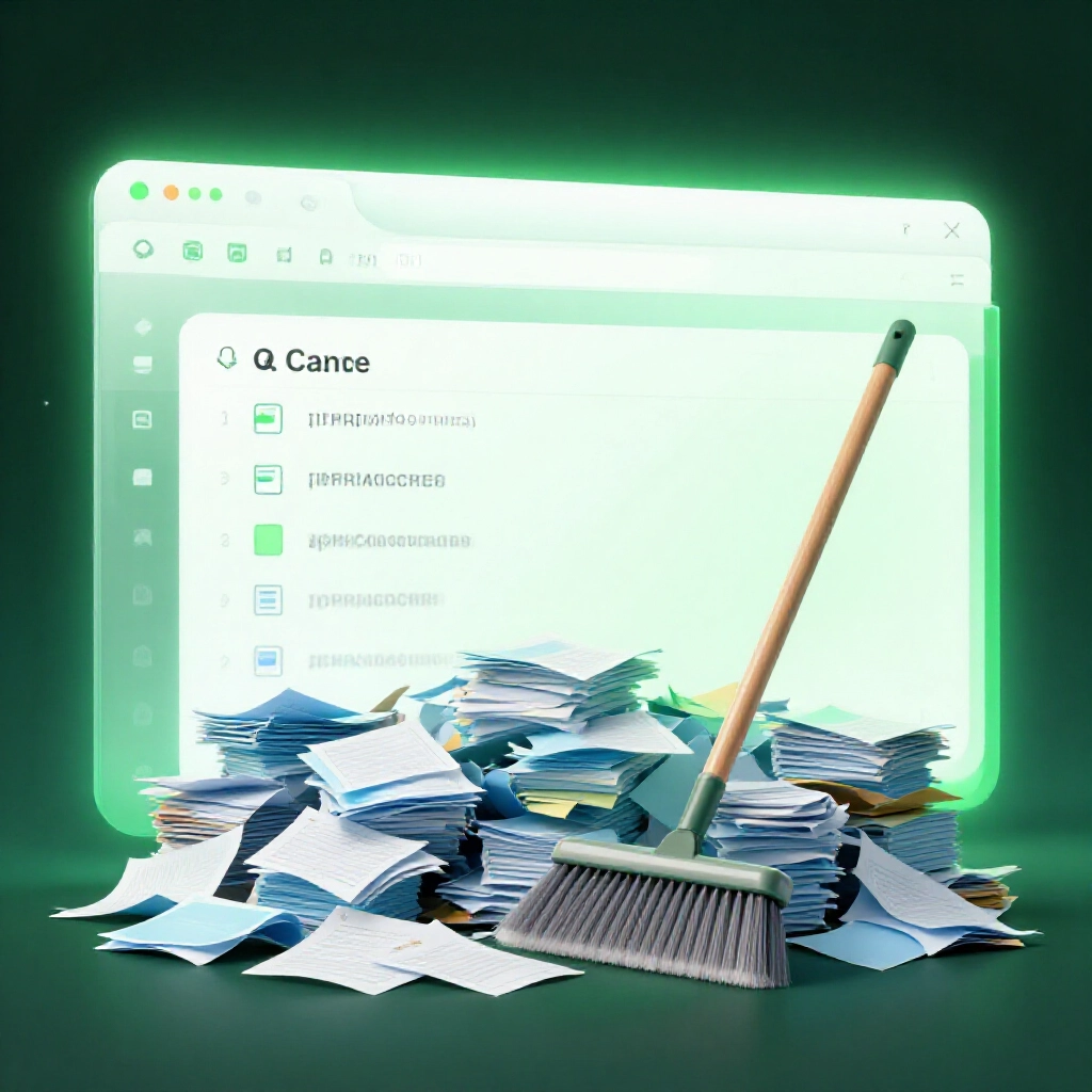 Browser cache data visualized as cluttered digital files being cleared by sweeping broom in clean modern interface glowing green