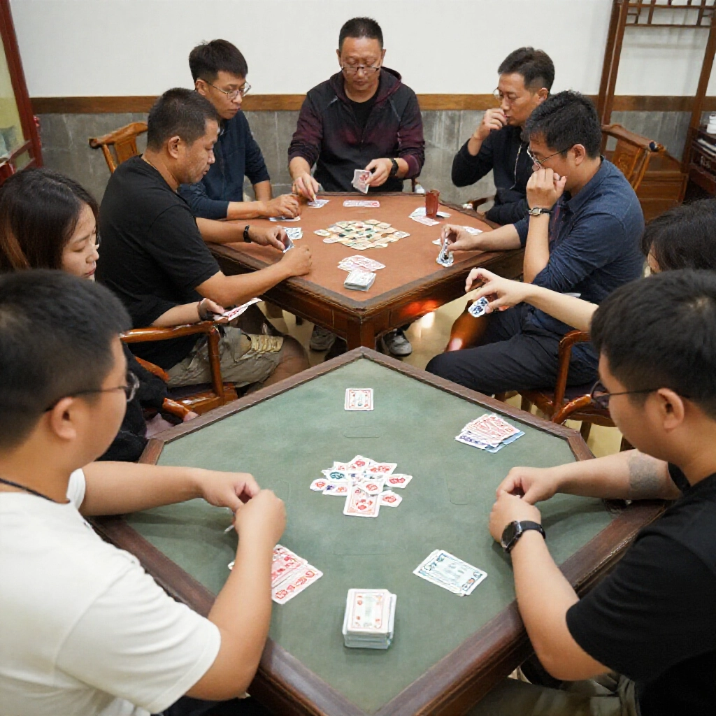 Two groups playing variants one fast nine branch with nine cards per player quick excited moves another standard ten hu with twenty cards strategic pondering in traditional Taiwanese teahouse atmosphere contrasting paces