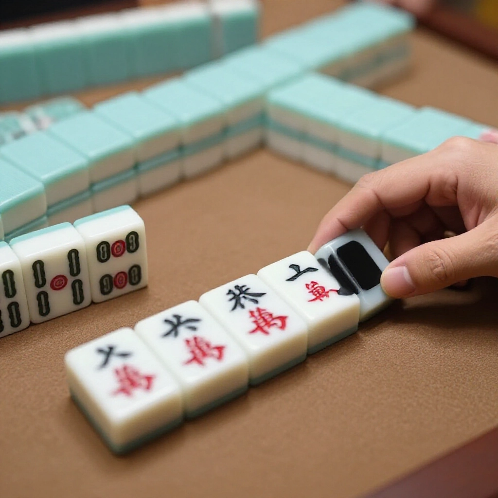 Closeup of mahjong hand showing clear door status no eats pons or open kongs player touches selfdrawn tile dark kong covered mysteriously logical flow to three fan breakdown on wooden surface soft shadows