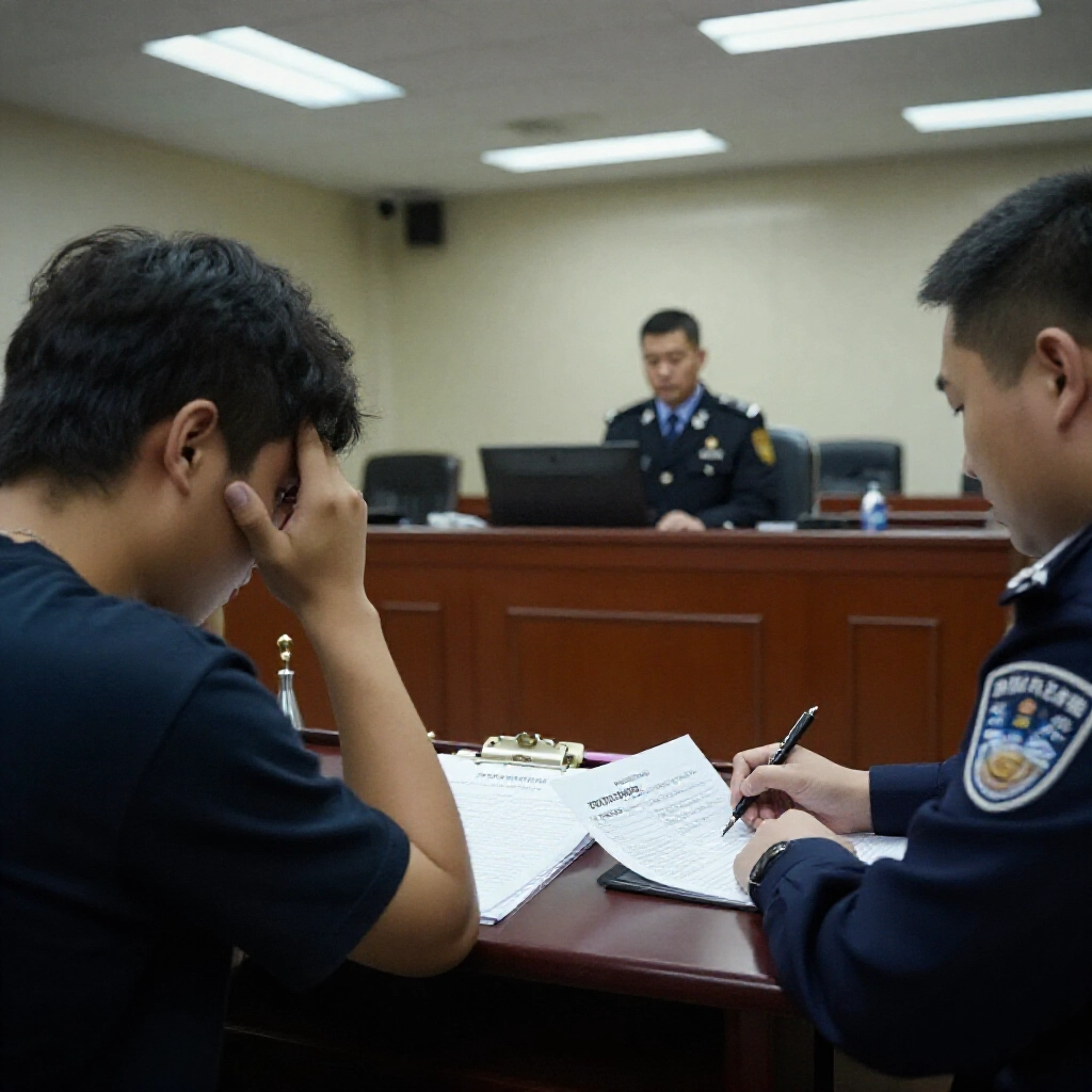 courtroom scene with worried player facing judge while police officer takes notes on gambling records and fraud claims on table under harsh fluorescent lights