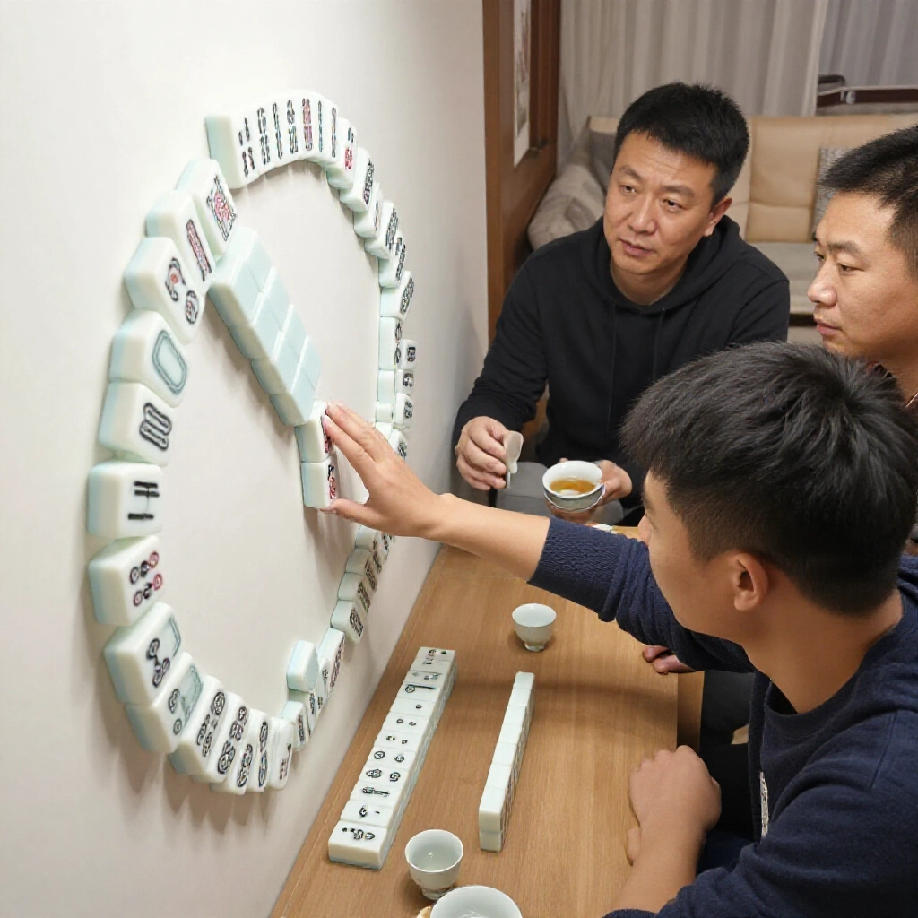 新手緊張伸手抓牌牆，新手玩家伸手抓牌牆兩墩，資深朋友盯緊，逆時針順序明顯，客廳茶杯旁溫馨氛圍