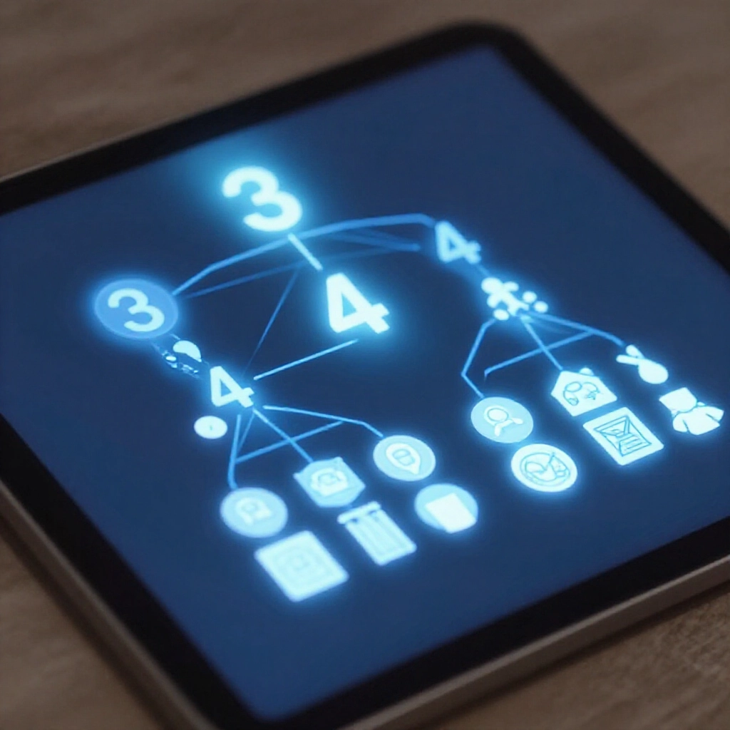 Infographic chart exploding numbers like 3 string 4 and 4 string 11 into branching match icons and sub bet groups on sleek digital tablet surface with soft blue glow