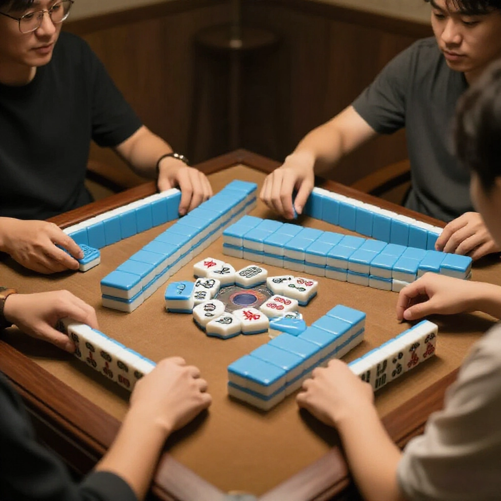 激烈三人麻將局，玩家碰牌而非吃，手持聽對子牌，眼神專注，無吃規則氛圍，昏燈木桌