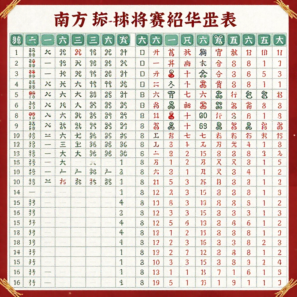 Comprehensive scoring table for southern mahjong listing fan counts from 1 tai for dealer self draw to 16 tai full house for grand patterns like clear one color and pure chows in traditional tile layout style
