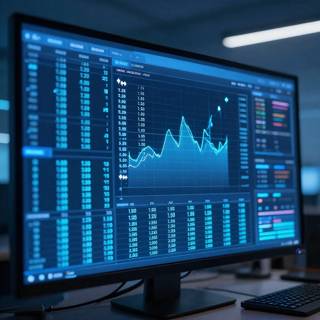 Digital dashboard glowing with historical lottery numbers charts statistical trends and predictive arrows in modern analytics office soft blue lighting focused data visualization