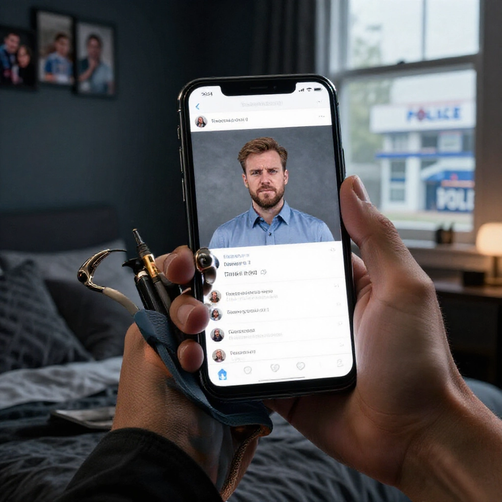 stressed individual clutching phone with screenshot of threatening texts from group leader in dark bedroom with family photos nearby and police station sign visible through window