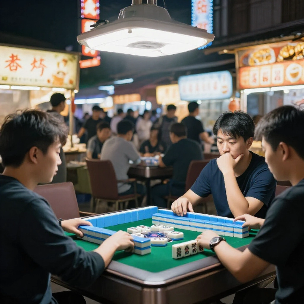 夜市兩玩家，一人丟牌一人考慮碰，禁吃規則下熱鬧氛圍，周遭人群跟閃爍招牌