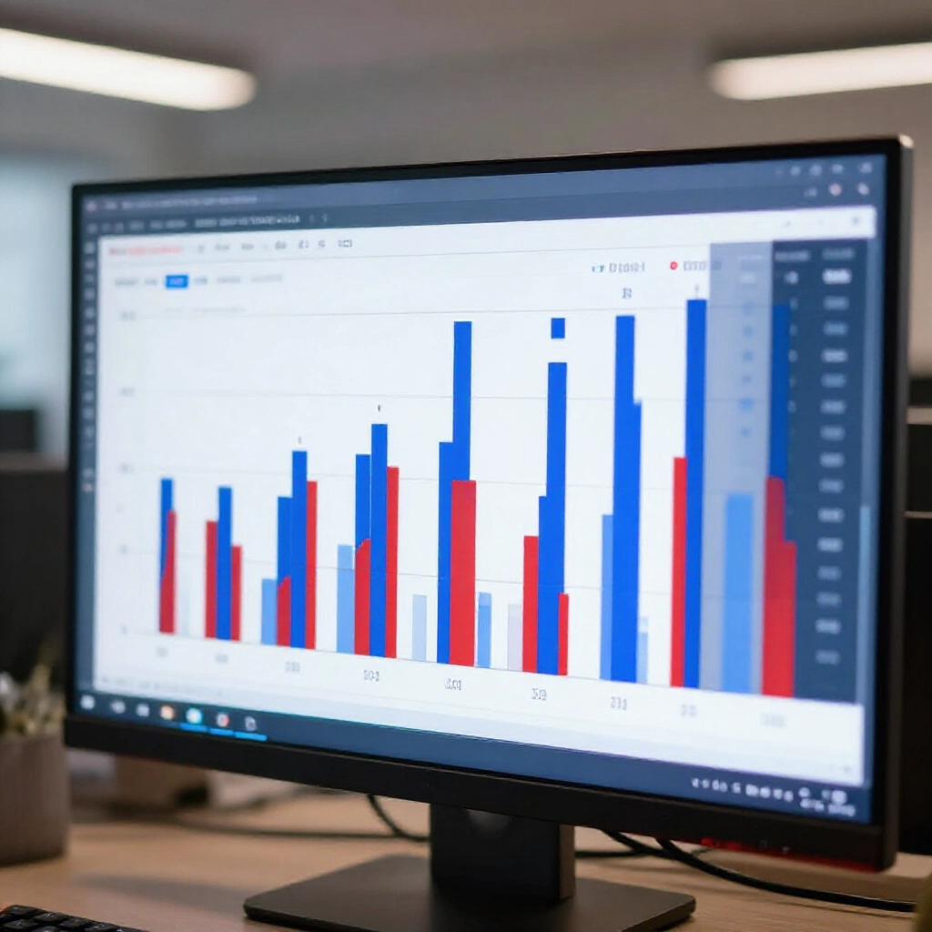 Graph chart displaying frequency bars for eight lottery numbers in blue and red tones on a modern dashboard screen showing hot and cold trends under soft office lighting