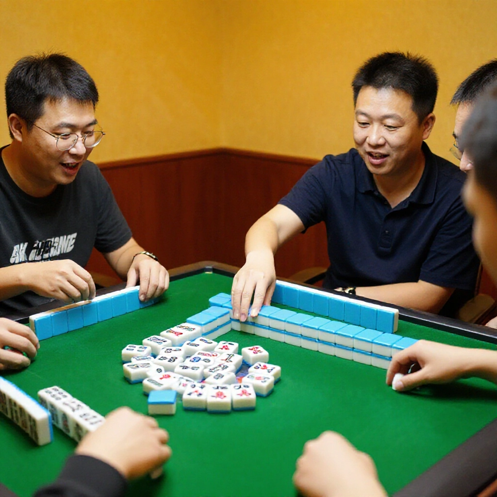 Four Taiwanese mahjong players around a green table under warm lighting one player draws a winning tile from the wall with a clean hand no exposed melds excitement in the air tiles scattered vividly