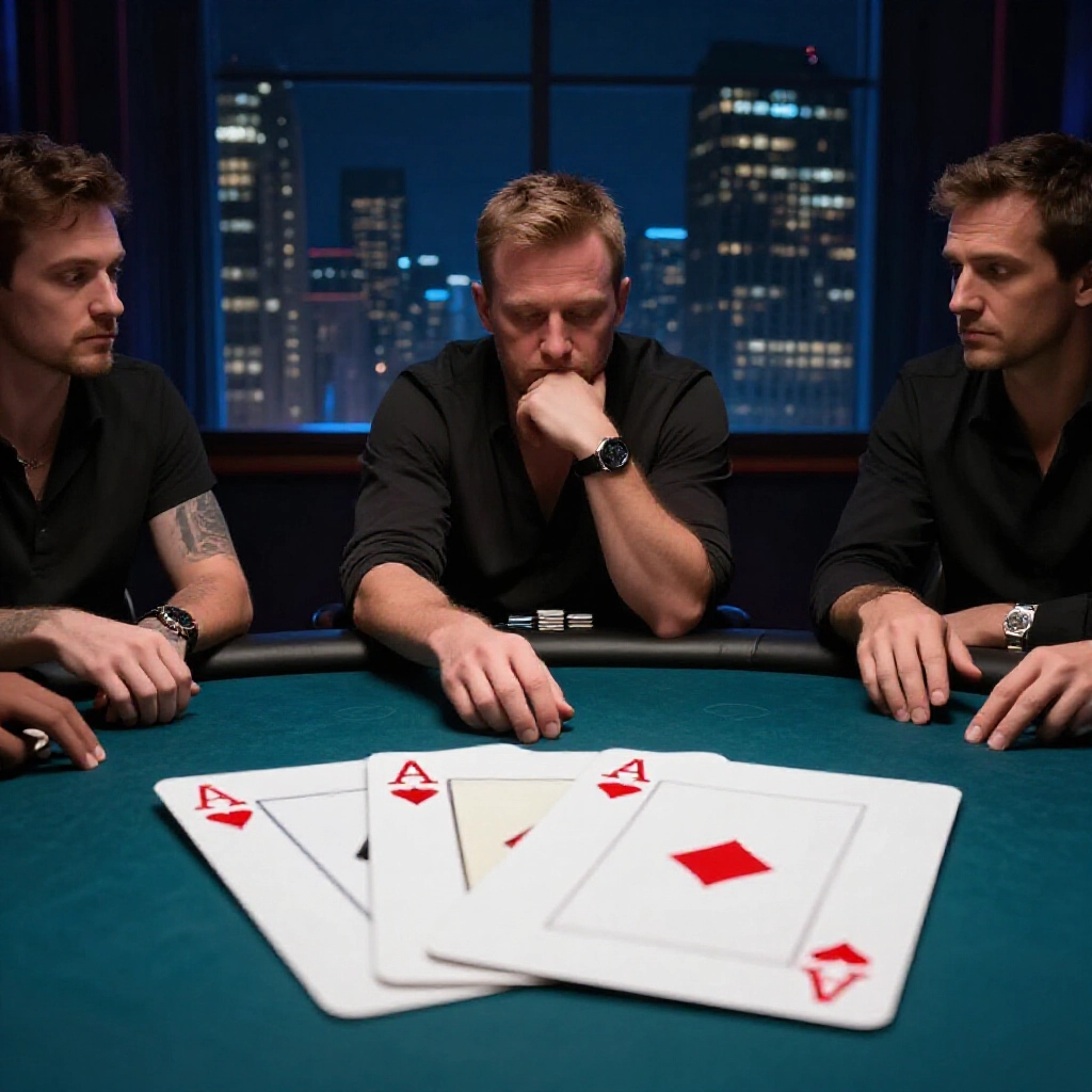 strategic poker player pondering at night lit table with big two cards fanned out showing remaining three threes hidden under sleeve opponents leaning in with suspicious looks city skyline background through window subtle blue tones