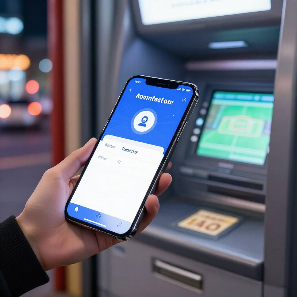 Split scene showing mobile banking app transfer process on phone and ATM machine operation for depositing into sports lottery virtual account with dynamic urban night atmosphere