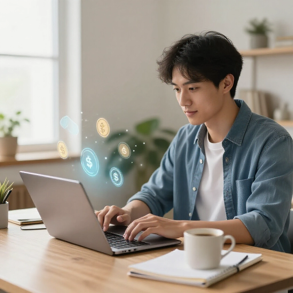 A young professional sitting at a laptop in a cozy home office surrounded by notebooks and coffee mug exchanging time and skills for digital currency icons floating in the air with soft natural light illuminating the scene
