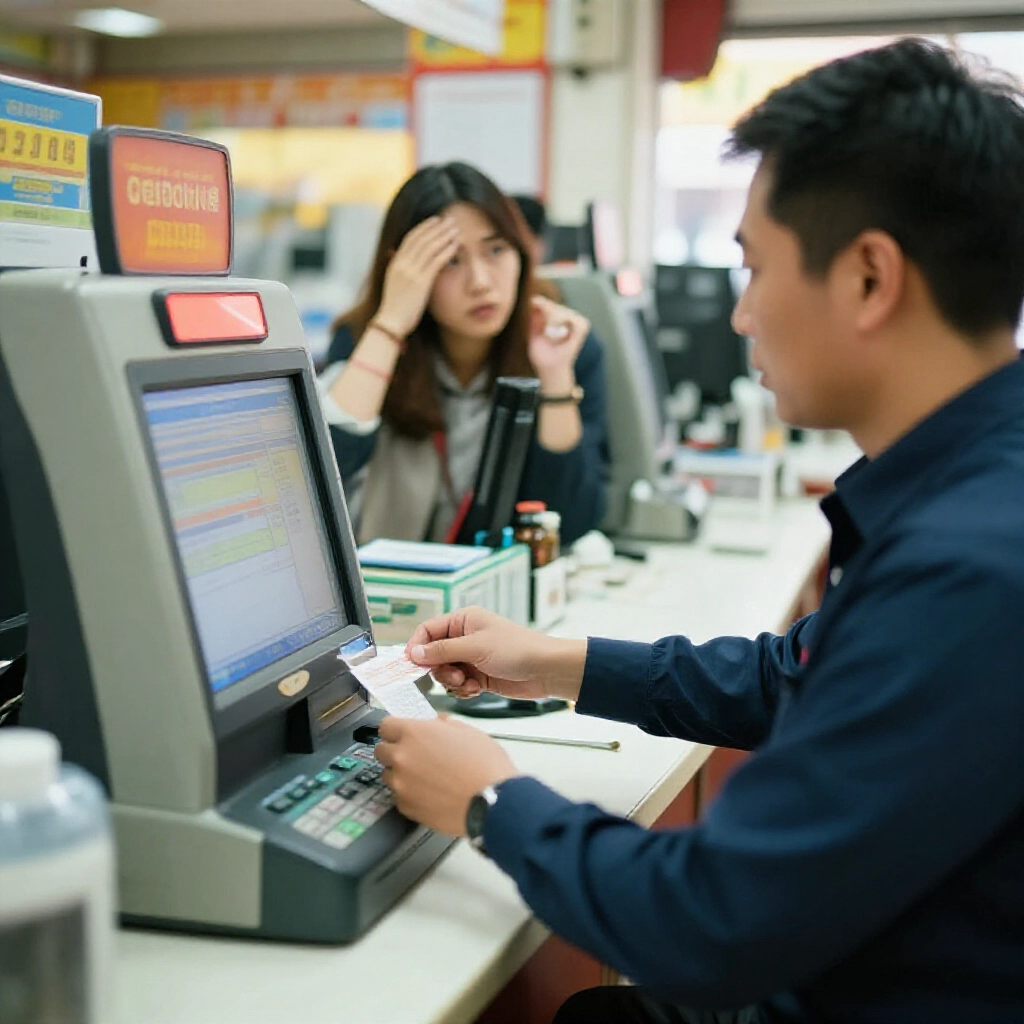 lottery clerk swiftly operating betting machine to process ticket cancellation while anxious customer waits at brightly lit shop counter