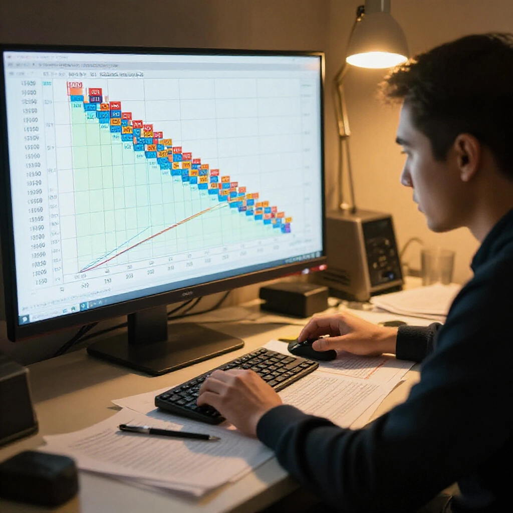 accountant at desk calculating exponential betting costs table showing 100 to millions progression colorful charts graphs martingale strategy notes scattered warm lamp light focused intense expression