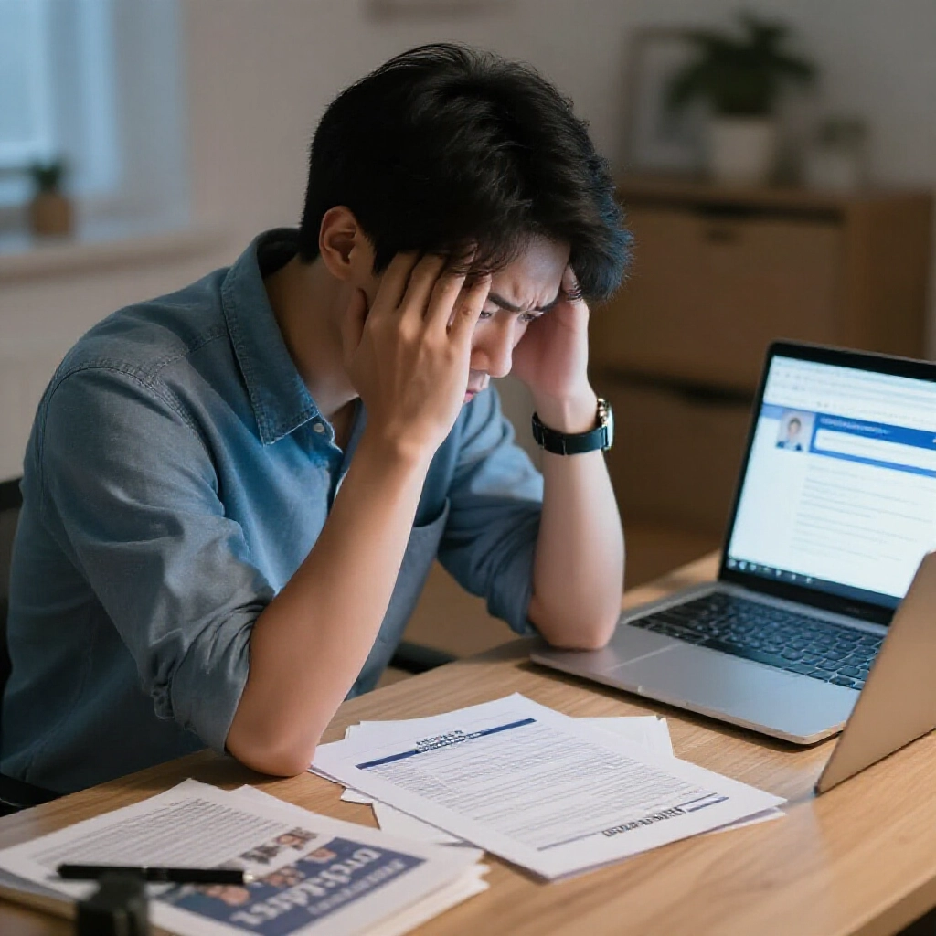 anxious young adult contemplating application form for police criminal record certificate at home desk surrounded by job ads and laptop showing online police website soft evening lighting conveying determination