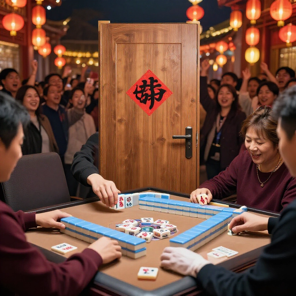 麻將桌莊家標記,一玩家自摸門清三基底加莊一臺,旁邊連莊倍數表,人群興奮,紅燈籠夜景熱鬧