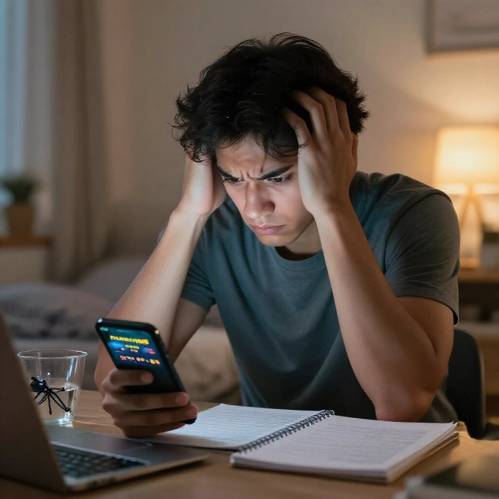frustrated player staring at phone screen filled with game ads promising easy money while calculating low hourly wages on a notepad in a cozy bedroom at night with warm lamp light highlighting disappointment