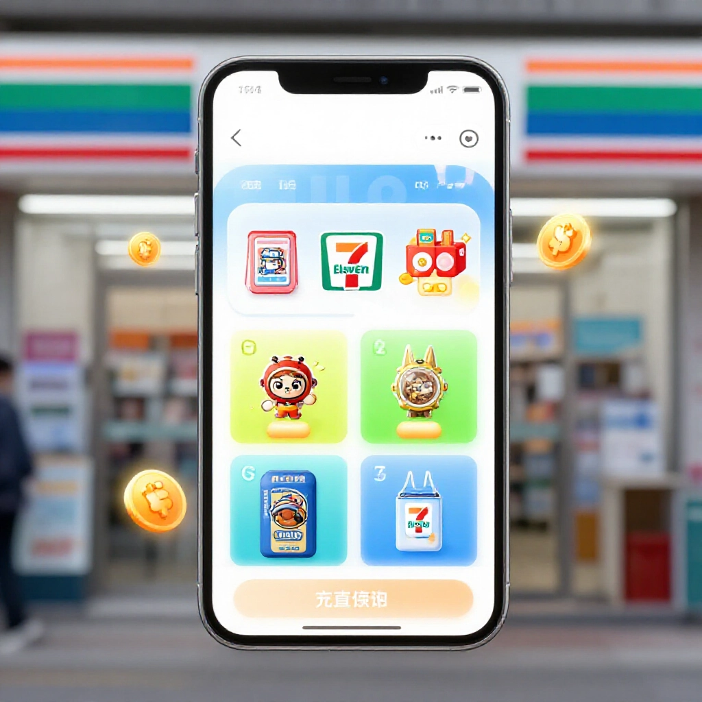 Modern online store interface on a smartphone displaying various recharge options for game packs with convenience store logos like 7eleven and family mart in the background bright screen glow and floating bonus icons enhancing the value comparison