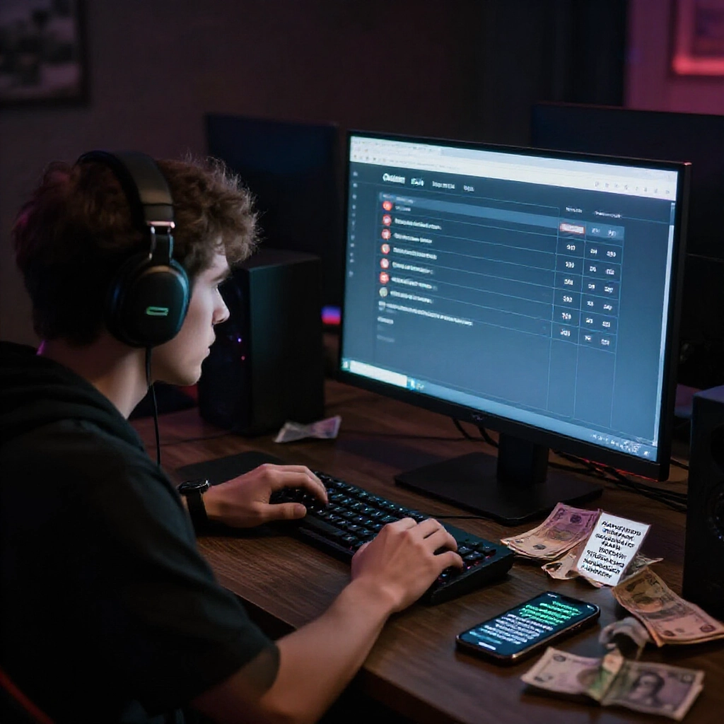 dimly lit room with anxious gamer staring at computer screen displaying online betting credit balance interface surrounded by crumpled banknotes and phone showing threat messages