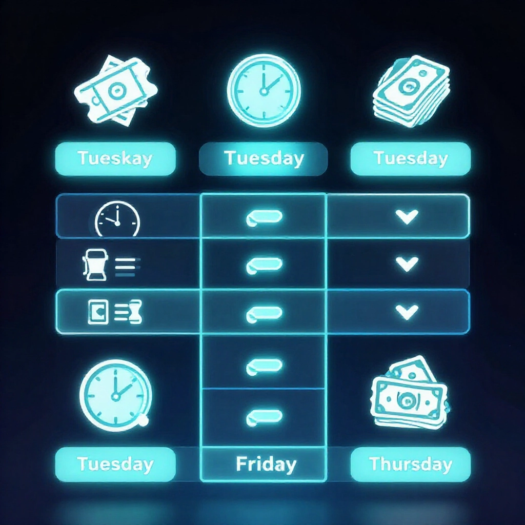 Simple comparison chart visualization floating in air with icons of tickets clocks and money stacks differentiating weekly draws on Tuesday Friday versus Monday Thursday in neon glow