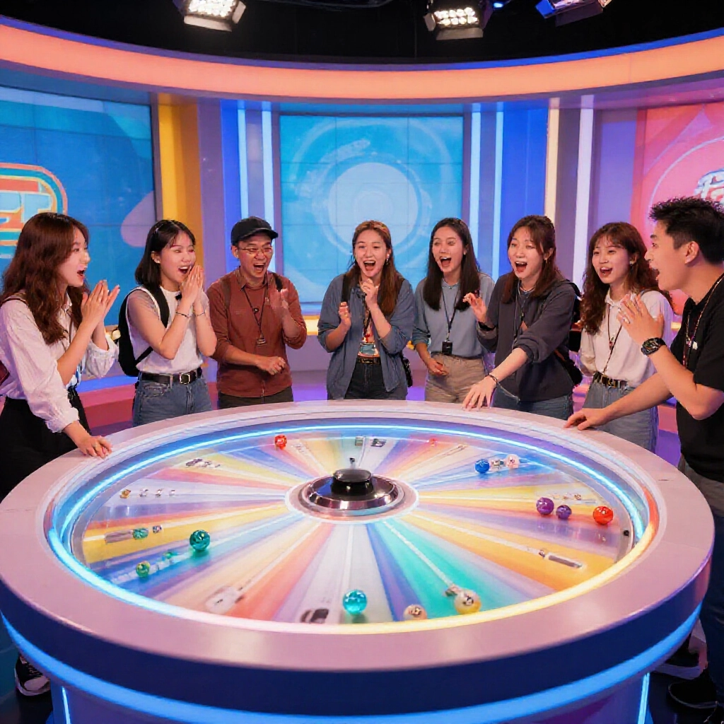 Dynamic lottery machine spinning small colorful balls numbered one to eight in a brightly lit studio with glowing second zone highlights and excited players watching intently