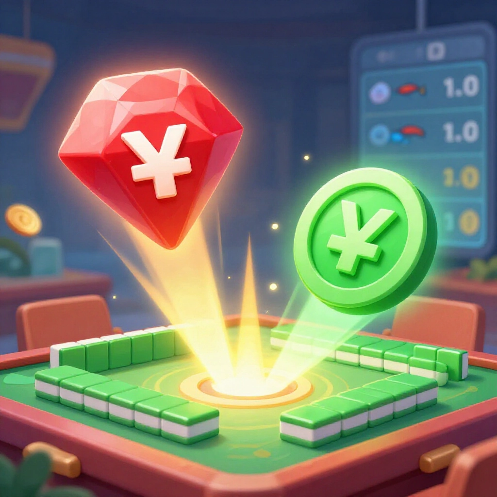 Digital illustration showing two distinct currency icons one red diamond for main game coins and another green coin for bonuses floating above a mahjong table and fishing game interface with dynamic energy beams connecting them