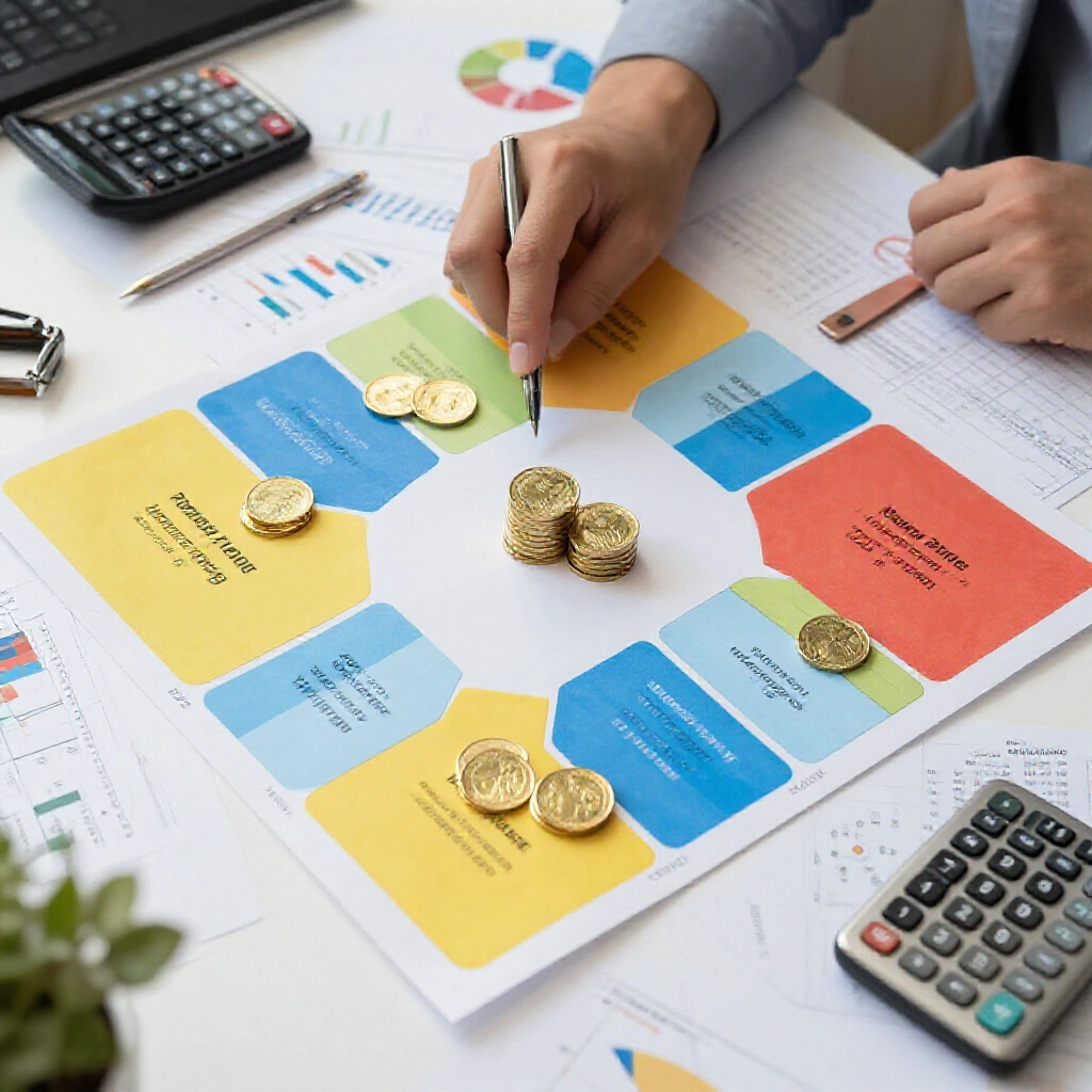 Strategy board with eight marked zones and gold coin stacks illustrating package betting returns surrounded by data charts and calculator in a focused analysts workspace