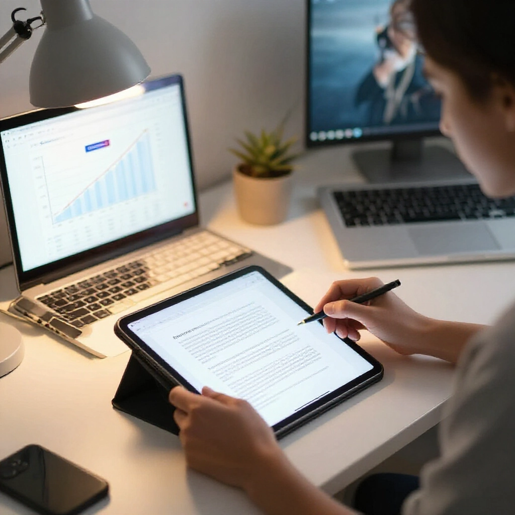 Freelancer artist designing graphics on a tablet while referencing client briefs on screen in a modern workspace with tools like Canva open and success metrics charts showing rising income graphs under warm desk lamp lighting