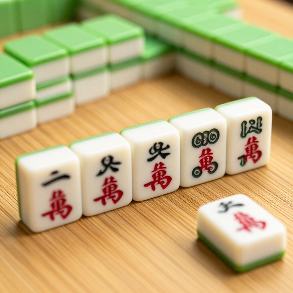 Vibrant closeup of Taiwanese mahjong tiles forming peng peng hu hand with five identical triplets in wan pin sou and one white dragon pair on bamboo mat under soft golden light