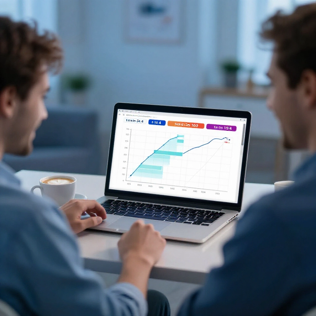 probability graph showing 1 in 54.6 odds for bingo 6 in 4 versus 1 in 103 for 5 in 4 data charts on laptop screen relaxed player smiling with coffee in modern cozy analysis room soft blue tones