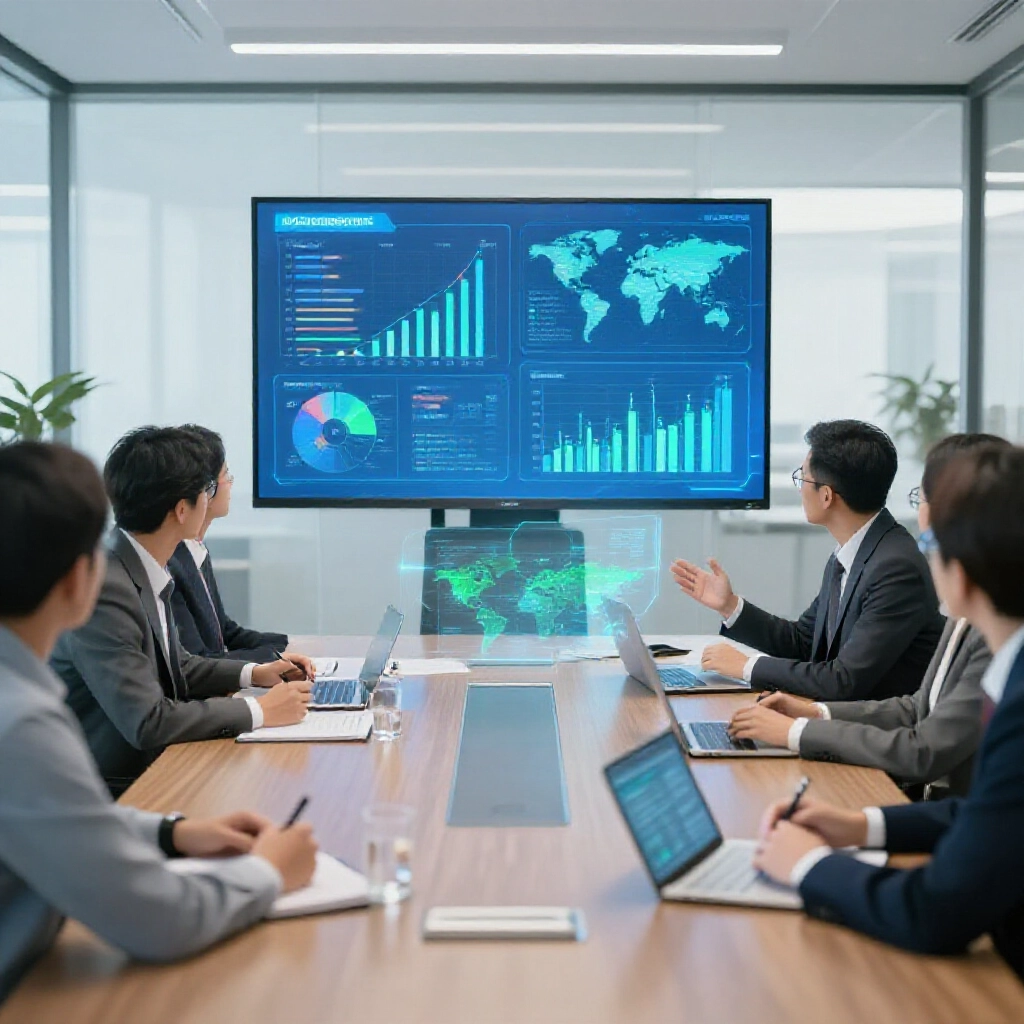 Modern office in Taiwan with executives around a conference table displaying holographic charts of revenue metrics research development indicators and global market penetration graphs in blue and green tones