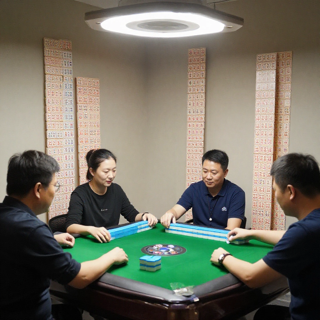 四位玩家圍坐在傳統台灣麻將桌前，牌牆整齊聳立在綠色桌氈上，燈光柔和捕捉開局前的期待氛圍