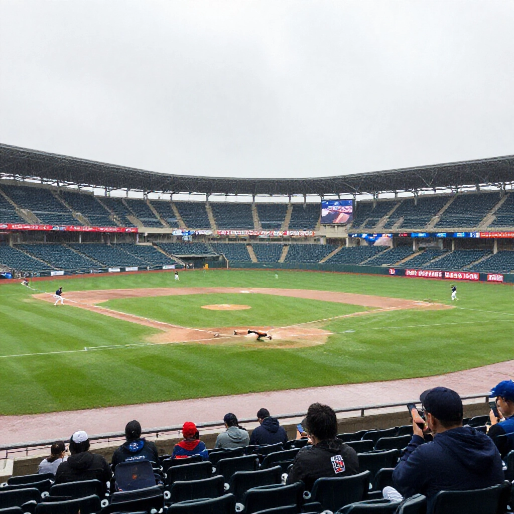 rain soaked baseball field with postponed match sign empty stands and fans checking phones for invalid bet notifications
