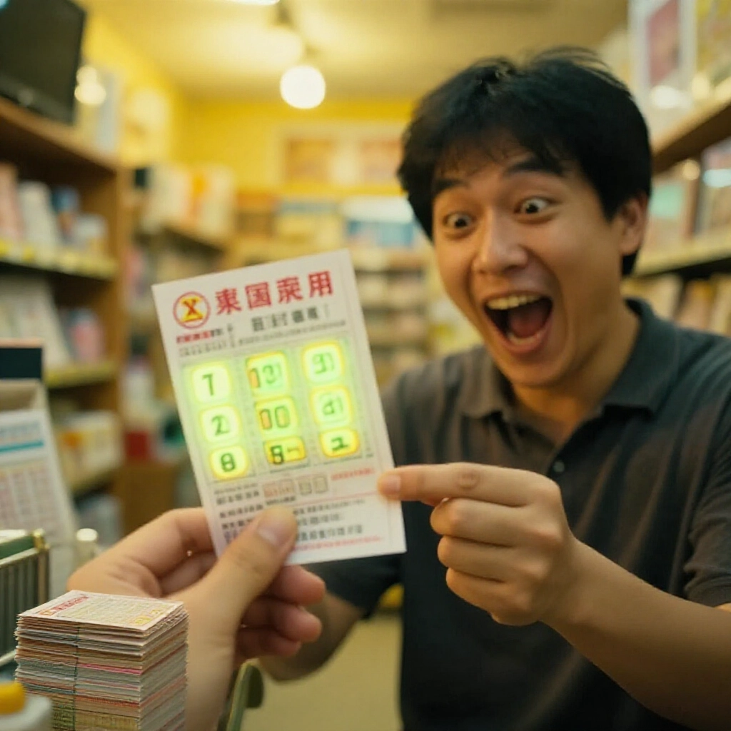 台灣彩票店內興奮玩家手持中三碼獎票，背景溫暖黃光與小獎金堆疊