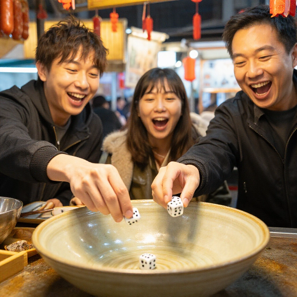 台灣夜市香腸攤朋友們興奮搖骰子進大碗,燈光閃爍笑聲不斷充滿節慶氛圍