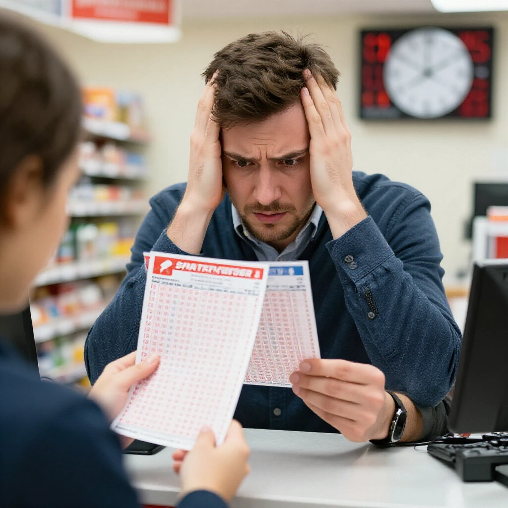 frustrated bettor holding printed sports lottery ticket discovering wrong team selection at physical store counter with urgent clock display showing under ten minutes