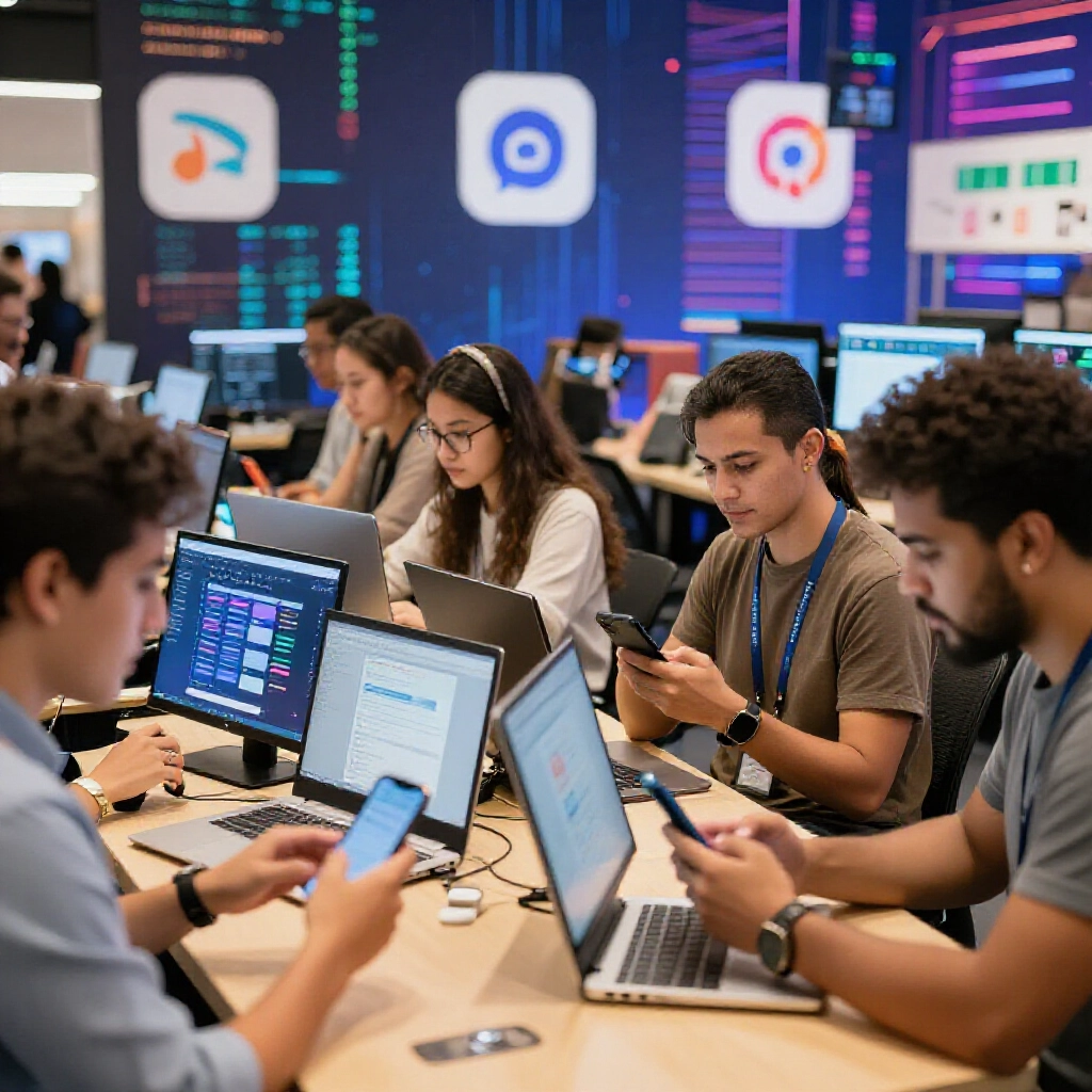 Diverse group of people using smartphones and computers engaging in online tasks like content creation and surveys in a vibrant digital marketplace atmosphere with colorful data streams and platform logos in the background