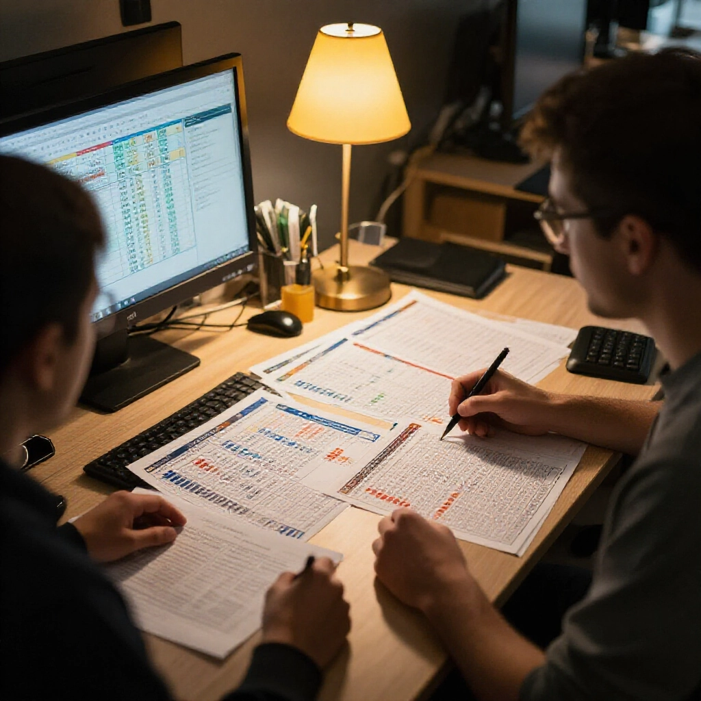 Sports betting desk with multiple basketball and soccer match tickets forming interconnected parlay combinations under warm desk lamp light in a focused analysts room